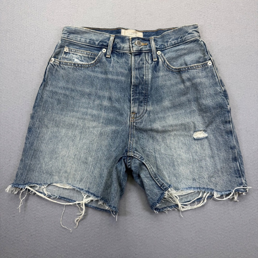 Everlane The Rigid Way-High Short 28 Blue Organic Cotton Distressed Denim Shorts